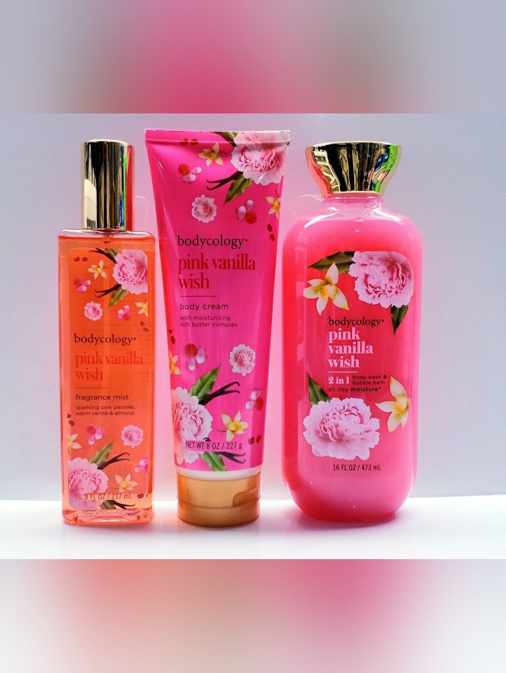 Bodycology PINK VANILLA WISH Body Cream, Fragrance Mist, and Body Wash - 3 pcs